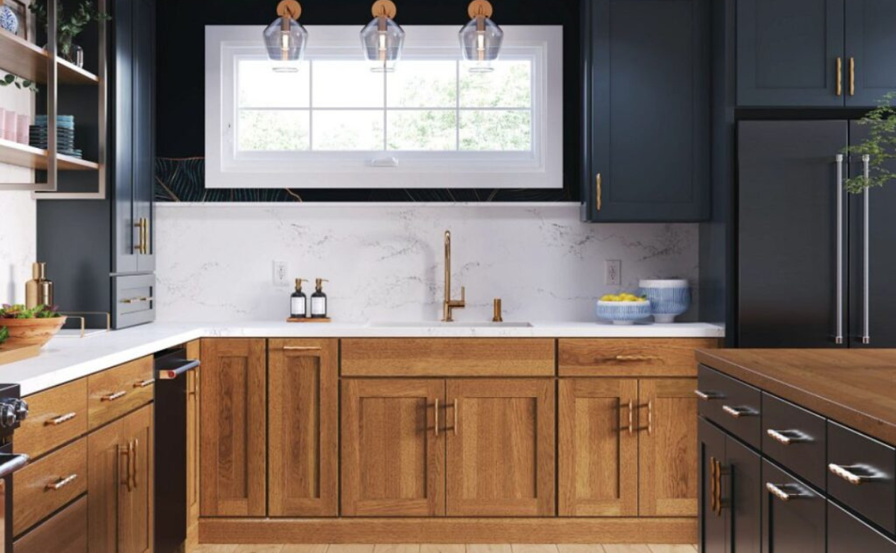 White and navy blue cabinets in a Kiba Studios kitchen display