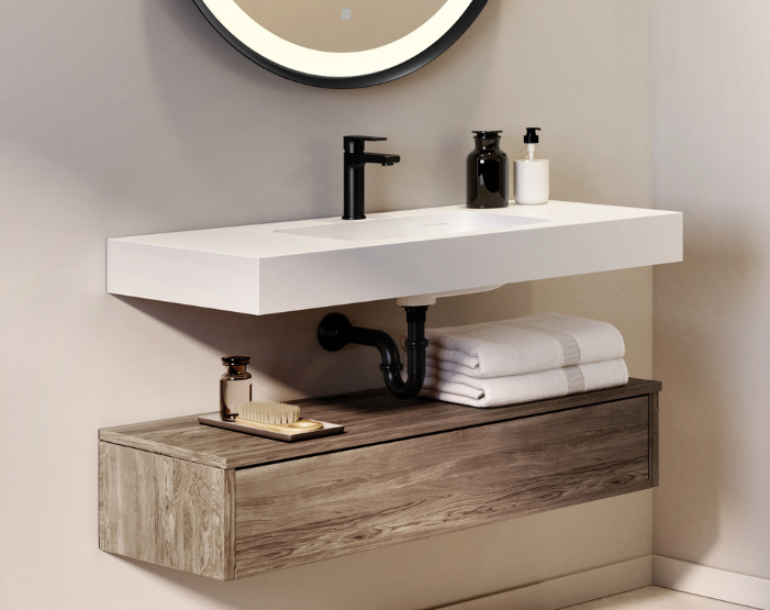 Sinks in a designer bathroom at Kiba Studios in Spirit Lake, IA